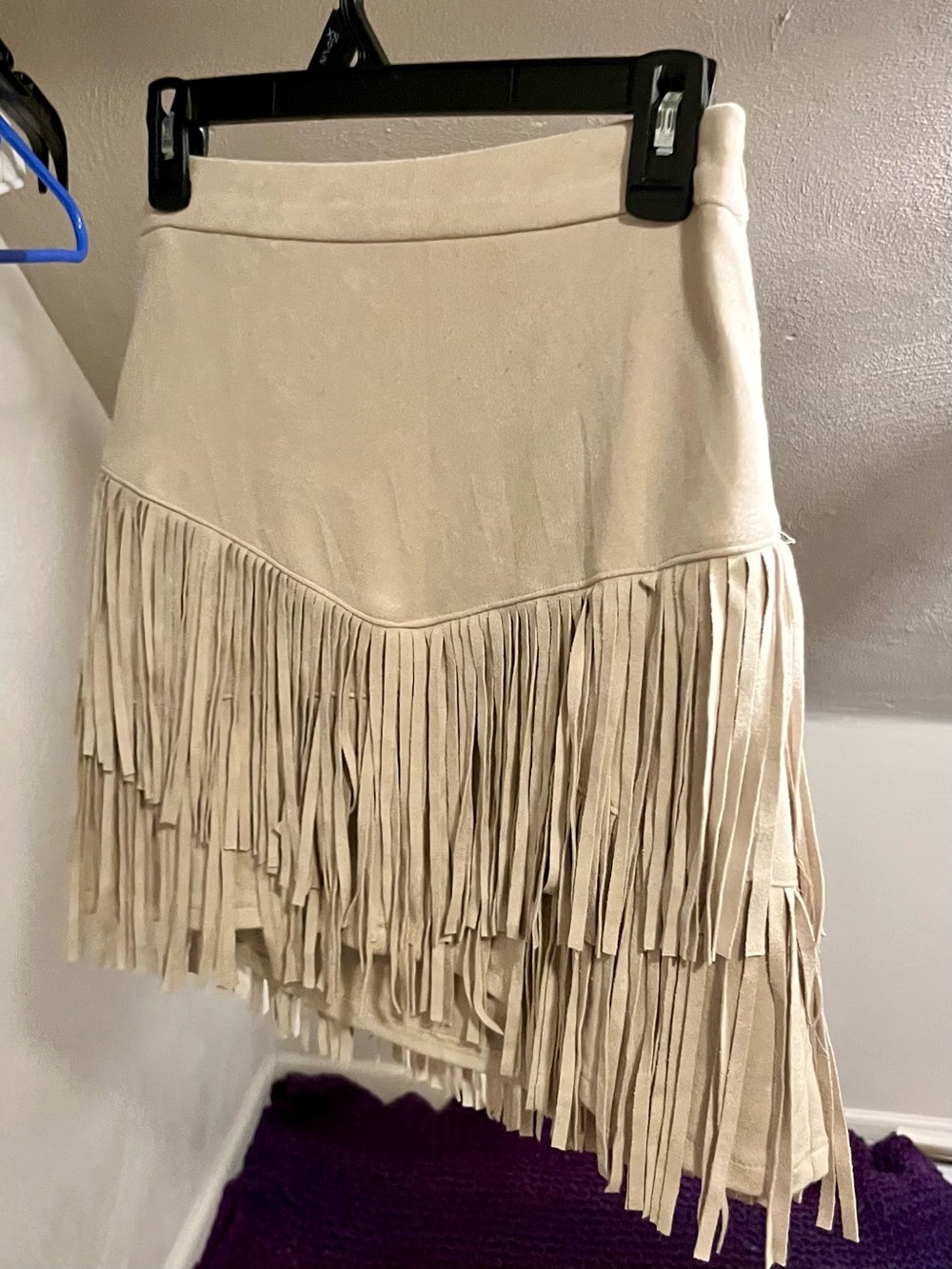 Altar'd State Cream Suede Fringe Asymmetrical Mini Skirt